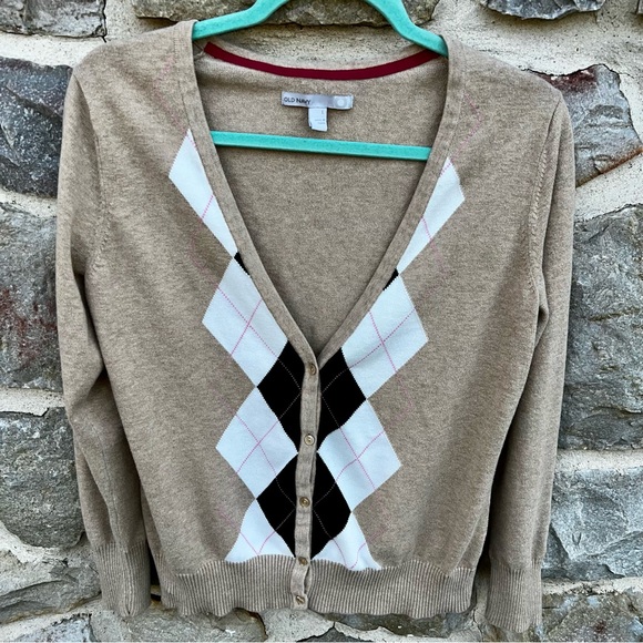 Old Navy Sweaters - Old Navy Tan and Brown V Neck Argyle Cardigan Large
